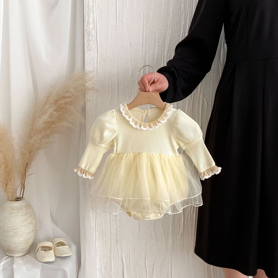婴儿韩版女宝宝坑条泡泡袖网纱包屁衣洋气春秋满月周岁公主哈衣裙