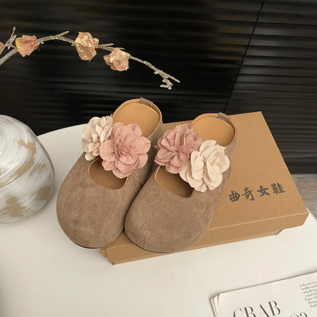 法式复古温柔晚晚风平底玛丽珍鞋女2025春季新款干枯玫瑰脚蹬半拖