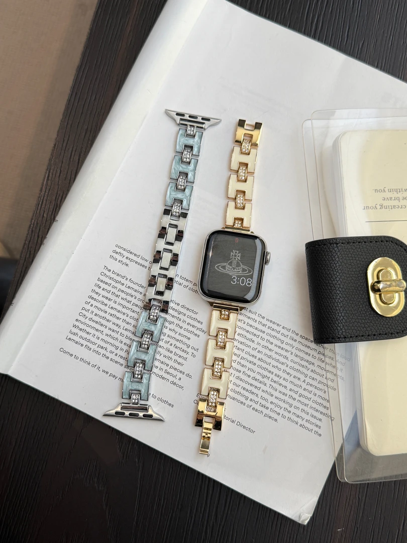 适用iwatch表带H型滴胶镶钻金属表带小米10红米6vivogt2可爱表带