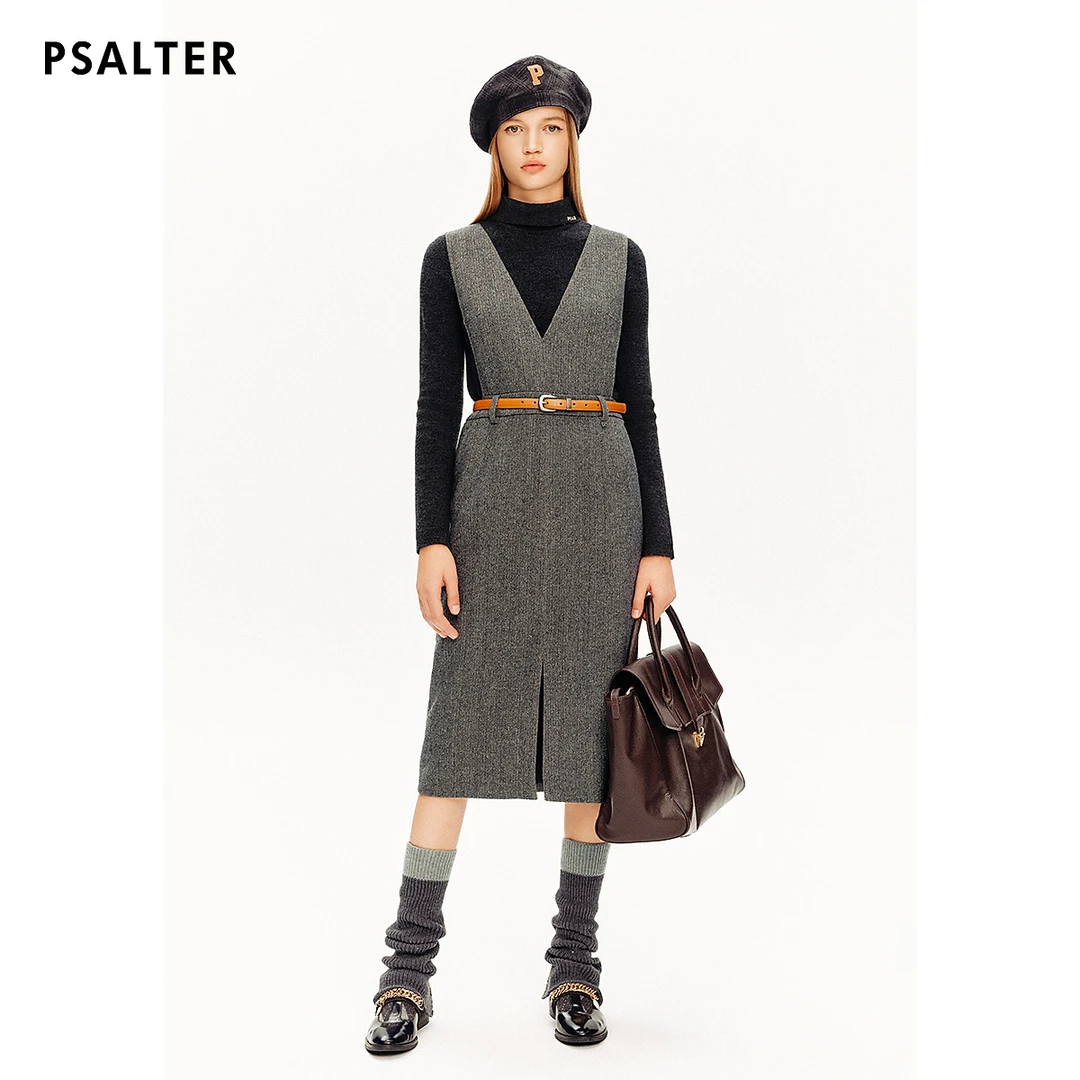 PSALTER/诗篇人字纹格雷系深V领无袖连衣裙冬6C34505300