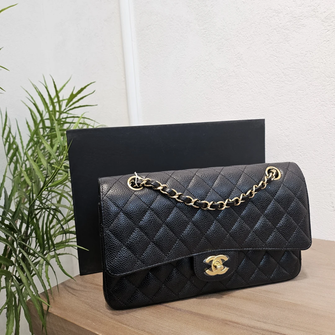 99新 Chanel/香奈儿 黑金cf中号荔枝纹牛链条包6769 5545