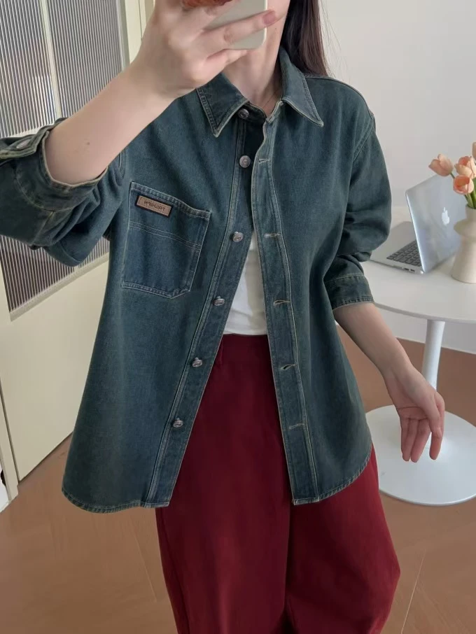 小雅姐姐  秋冬复古POLO领皮标内搭叠穿抓绒牛仔衬衫IK14