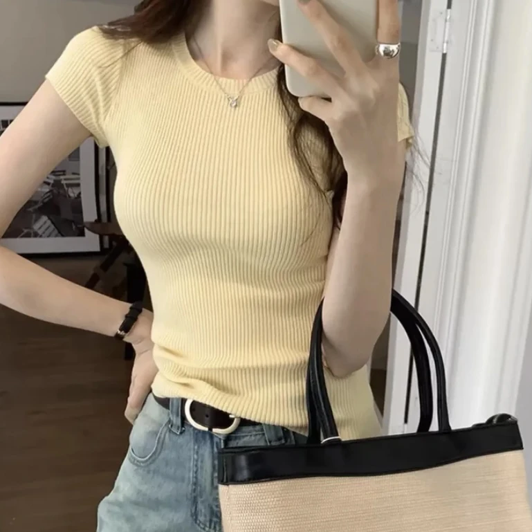【今日破价】 2025年韩版洋气夏季新款短袖女修身显瘦纯色针织上衣