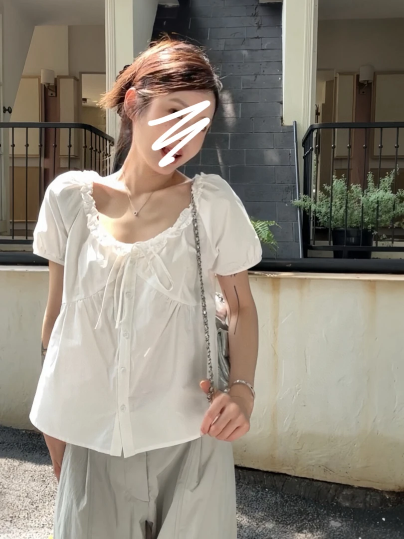 木耳边系带U领泡泡袖夏季设计感宽松衬衣娃娃衫小衫 #024