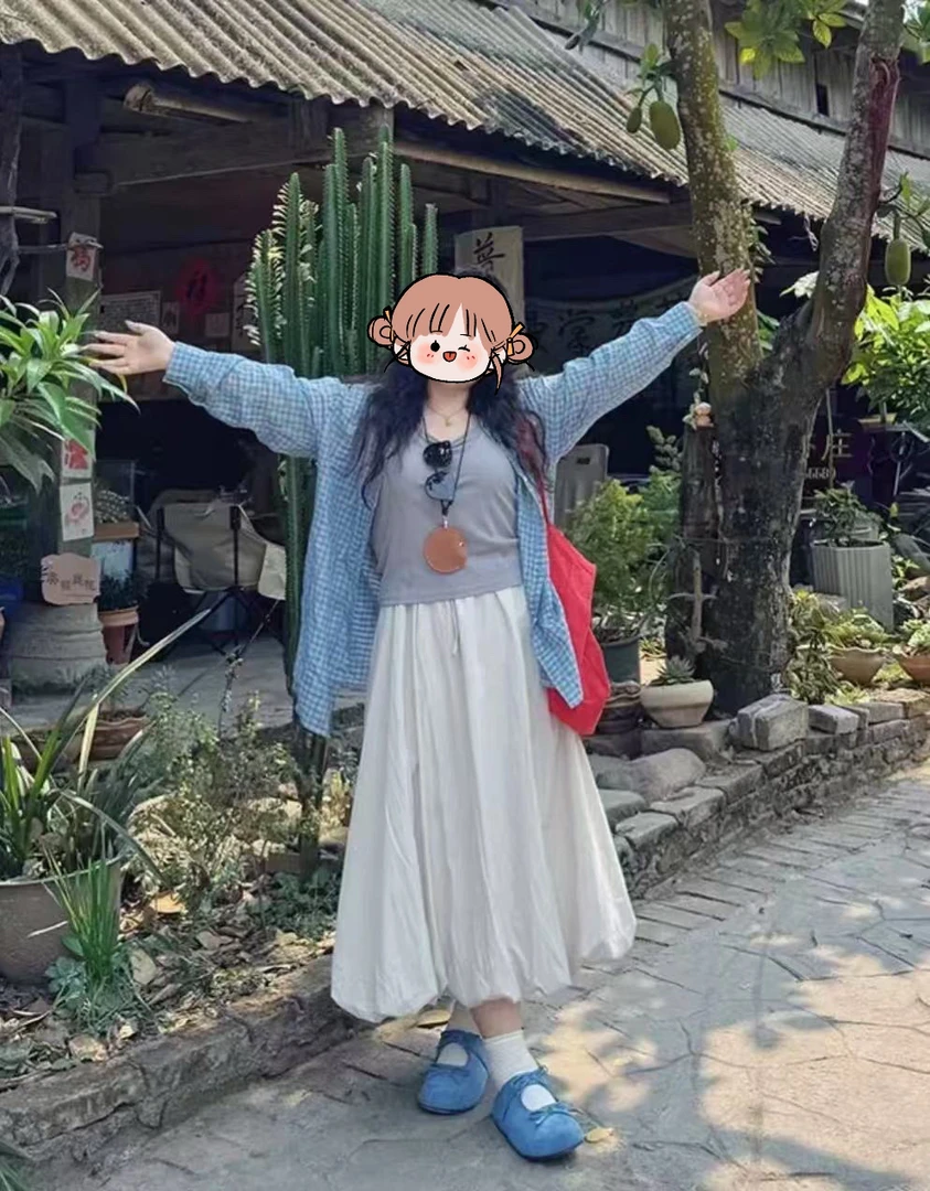 彤彤·大码蓬蓬花苞裙搭配复古格子衬衫吊带三件套