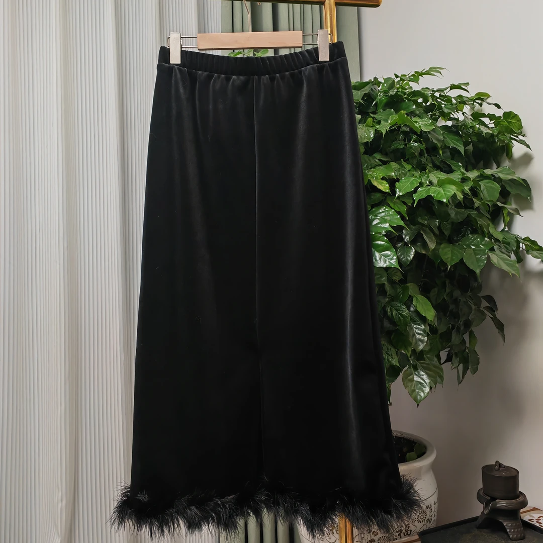 中式松紧腰高密绒丝绒半裙