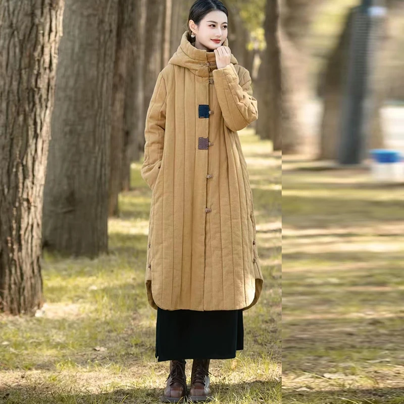 梅子家冬季连帽复古棉大衣棉麻贴布盘扣侧边圆角时尚洋气长款棉服