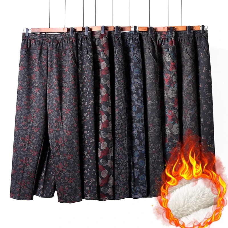 加绒加厚直筒裤秋冬高腰弹力中老年女裤宽松妈妈花裤子春秋加大码