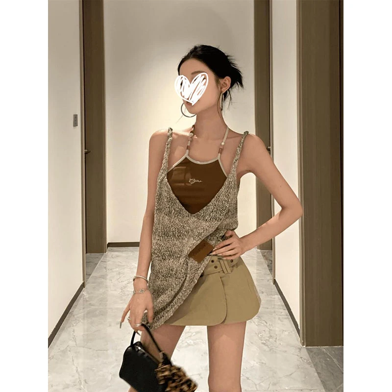 设计感大领口罩衫上衣串珠挂脖针织吊带背心夏季半身裙短裙三件套