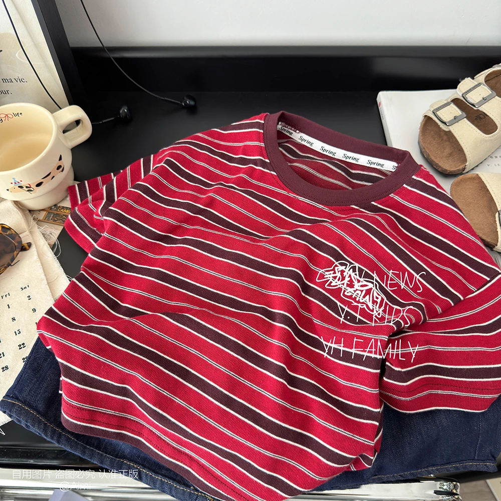 儿童夏装条纹短袖T新款男女童潮酷上衣