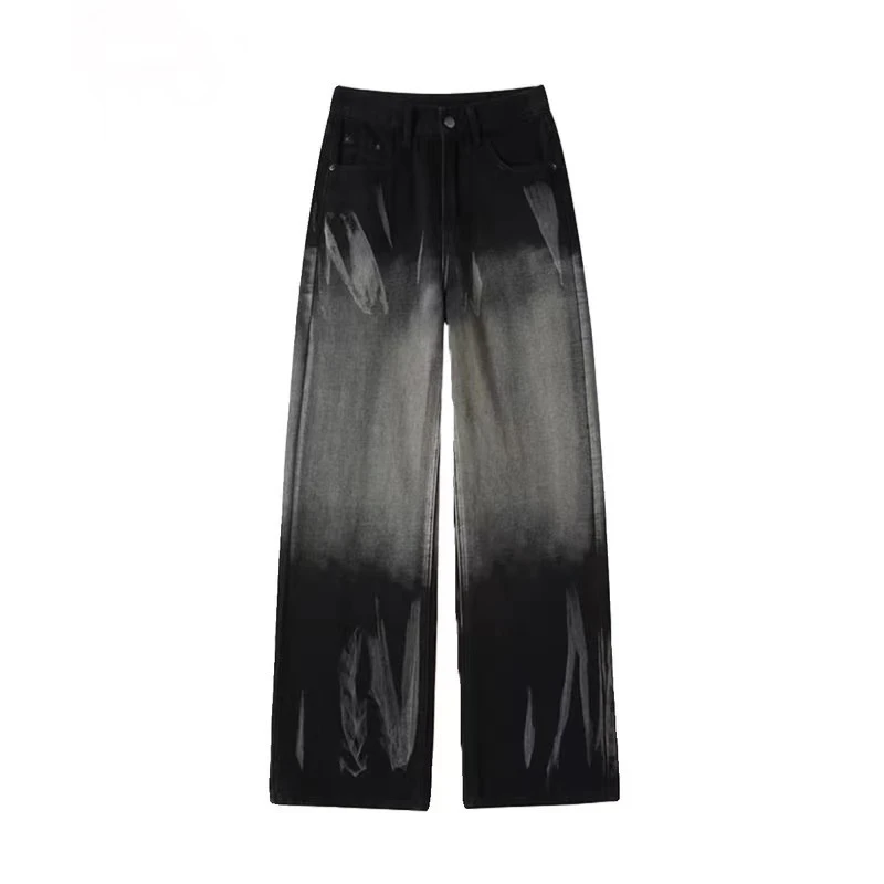 125/8739 美式扎染牛仔裤女2025春秋新款渐变黑显瘦宽松阔腿裤