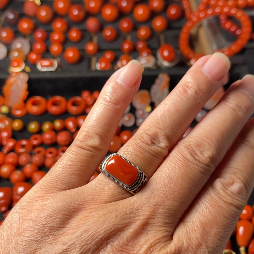 南红玛瑙银S925镶嵌戒指