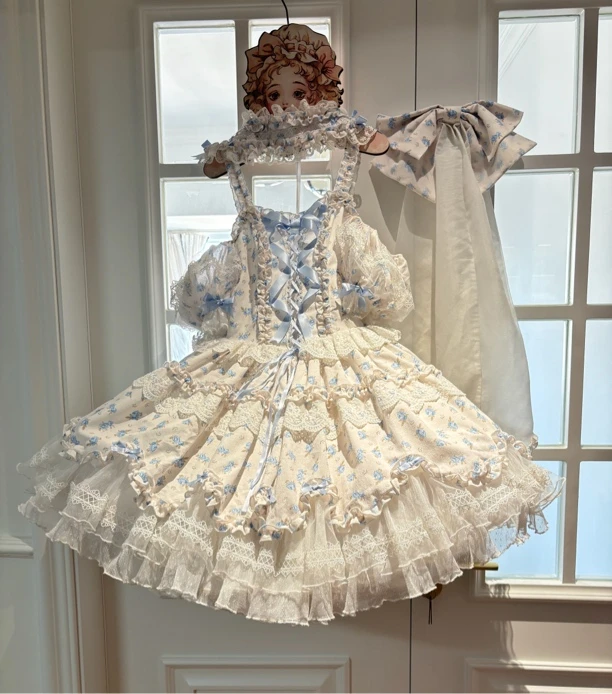 【现货】甜心草莓熊lolita小玫瑰蓝白jsk吊带连衣裙lolira洋装正版