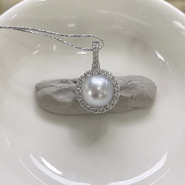 海水珍珠银S925镶嵌吊坠(不含链)银蓝澳白9-10mm
