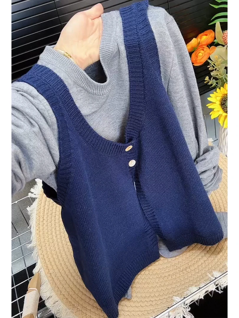 短款针织两件套藏蓝色砍袖马甲+灰色长袖打底衫2025秋季新款上衣