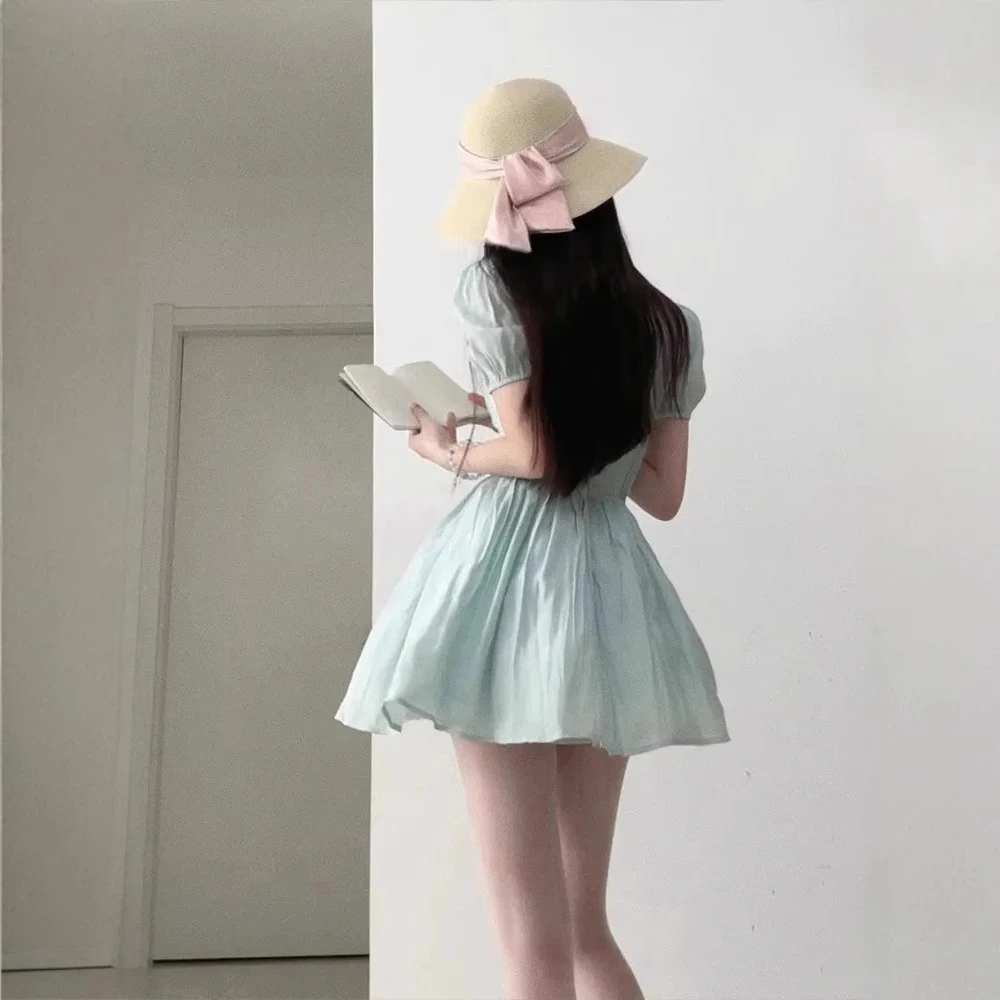 韩版甜美纯欲薄荷绿领泡泡袖连衣裙女学生夏季海边度假公主短裙