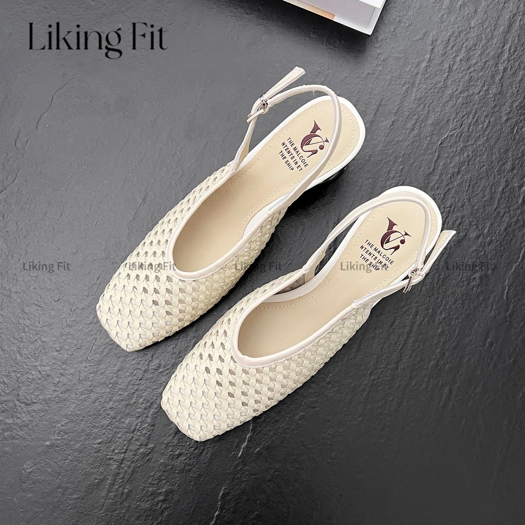 LikingFit牛皮真皮/5cm法式高跟气质包头镂空凉鞋女新款女式女士