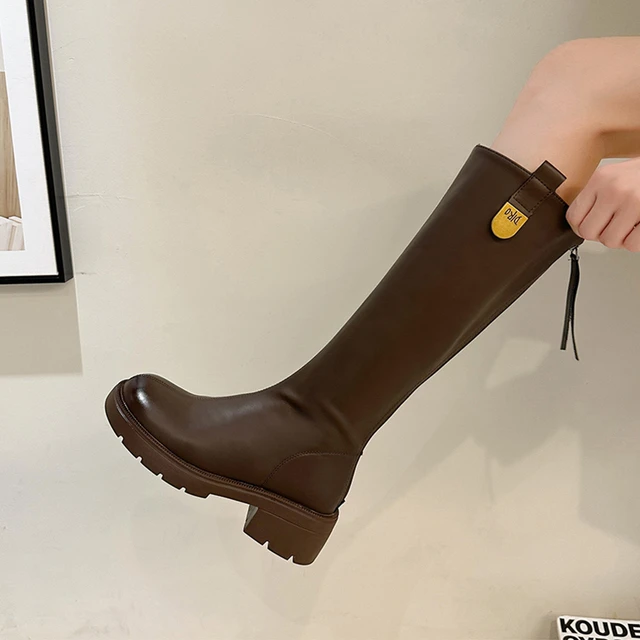 小个子厚底棕色长筒靴女粗腿夏季靴子美拉德粗跟瘦瘦高筒骑士长靴