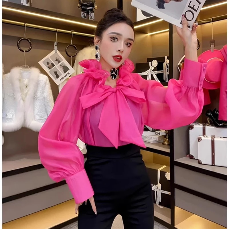 欧货女2025春装新款荷叶边系带领衬衫气质时尚百搭法式长袖女