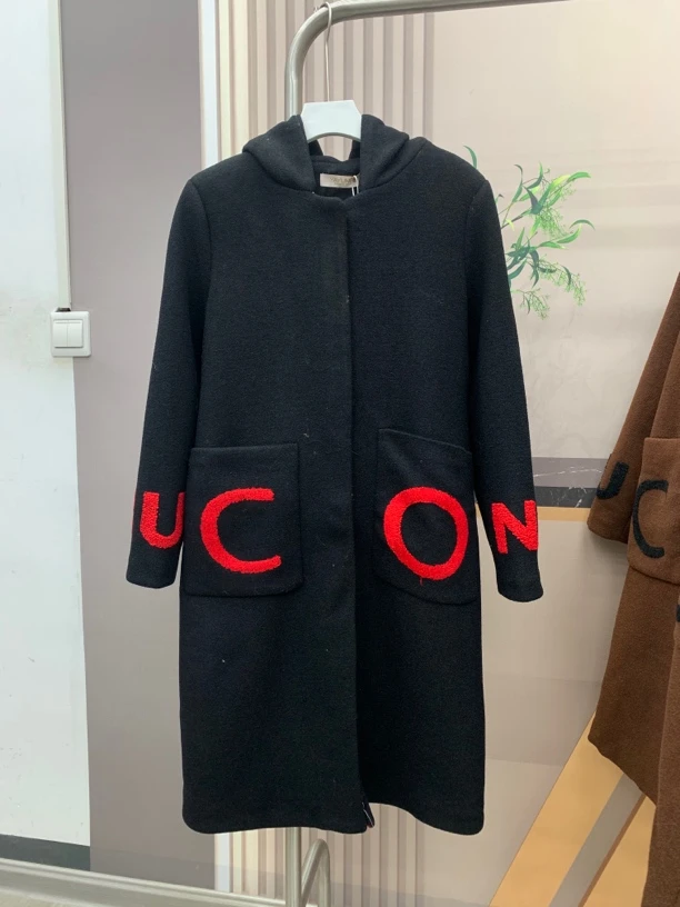 【仟媛】5985#尼子时尚新款字母外穿拉毛尼连帽长款大衣