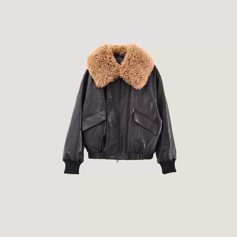 羊毛领牛皮复古飞行夹克女装外套短款时尚【36900】