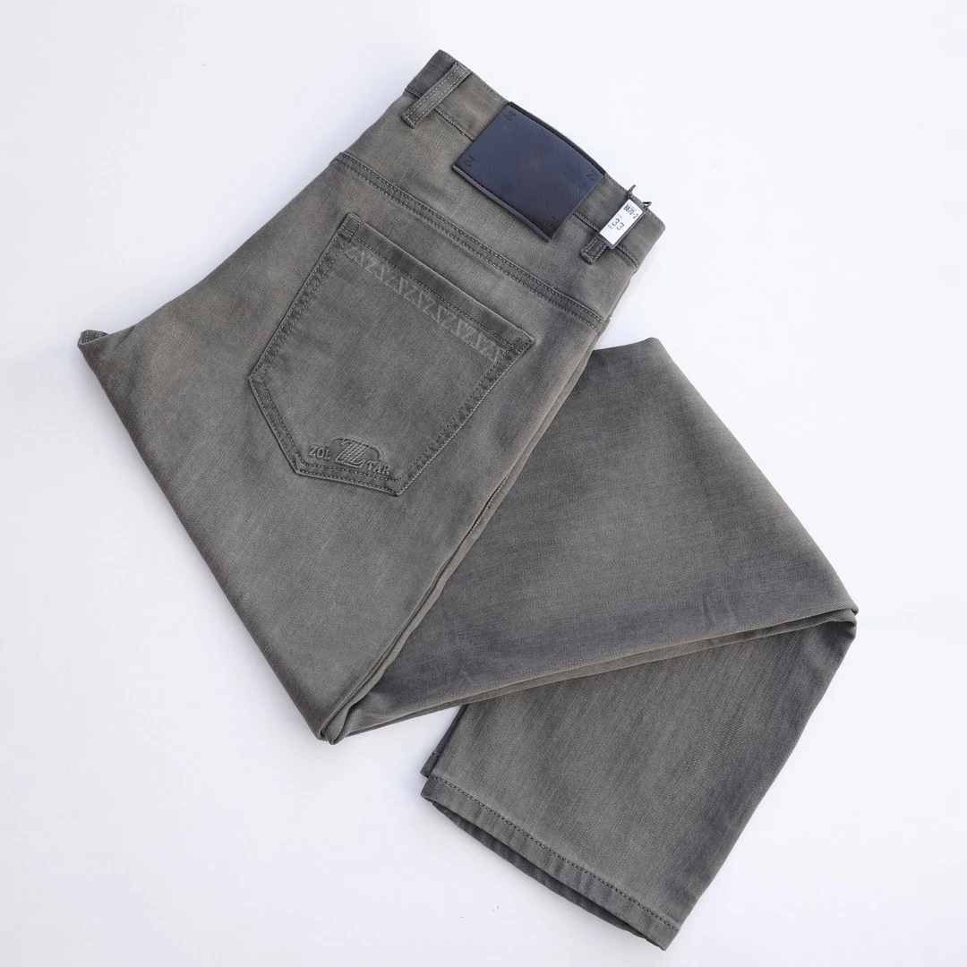 8870直筒灰色高弹力休闲夏季修身牛仔裤多口袋褶皱薄款