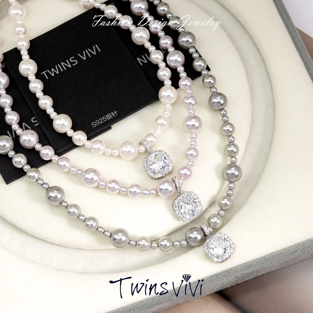 TWINS VIVI 铜合金仿珍珠项链 白色 粉色 灰色 方糖项/C03439