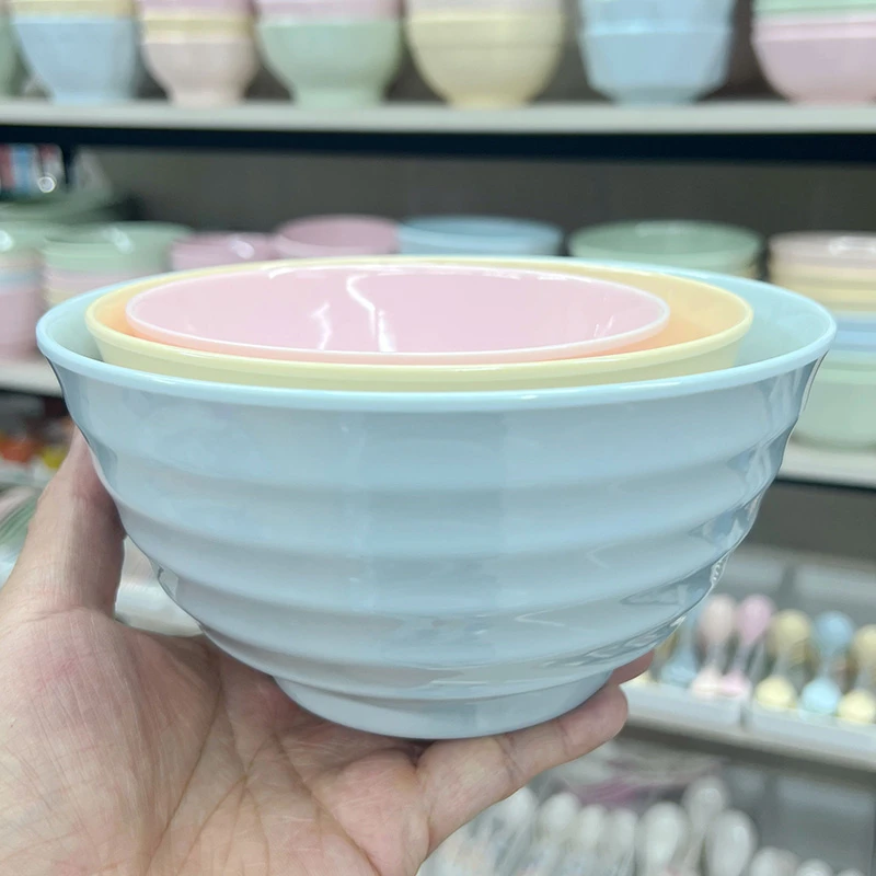 密胺树脂粉色纯色泡面汤碗条纹圆形甜品店彩色马卡龙大拉面碗商用