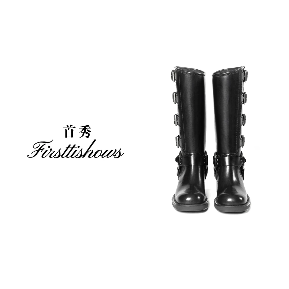 国奢不过膝长筒靴胎牛复古金属扣西部靴骑士机车-695/696