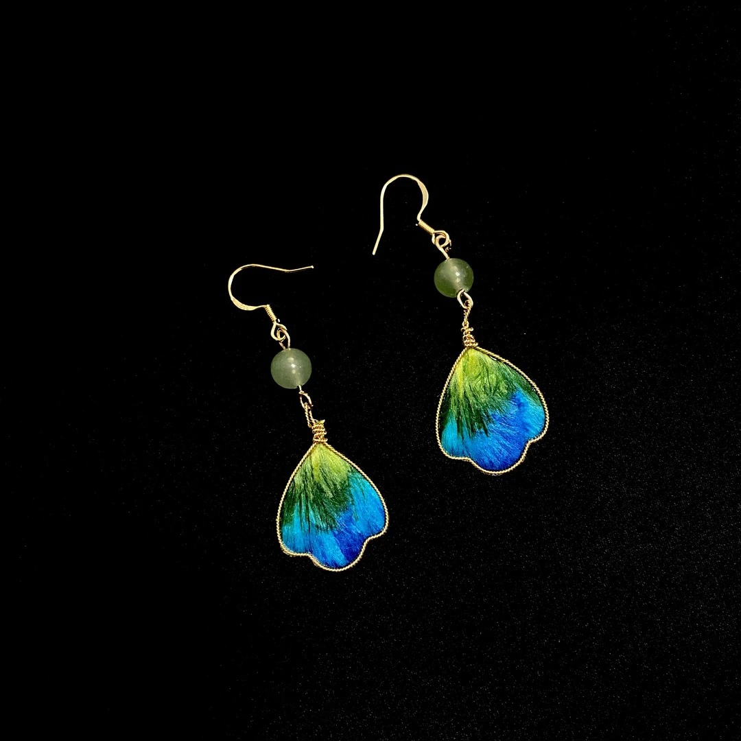 非金属布艺耳饰  【孔雀翎耳环】千里江山非遗绒花耳环耳夹款