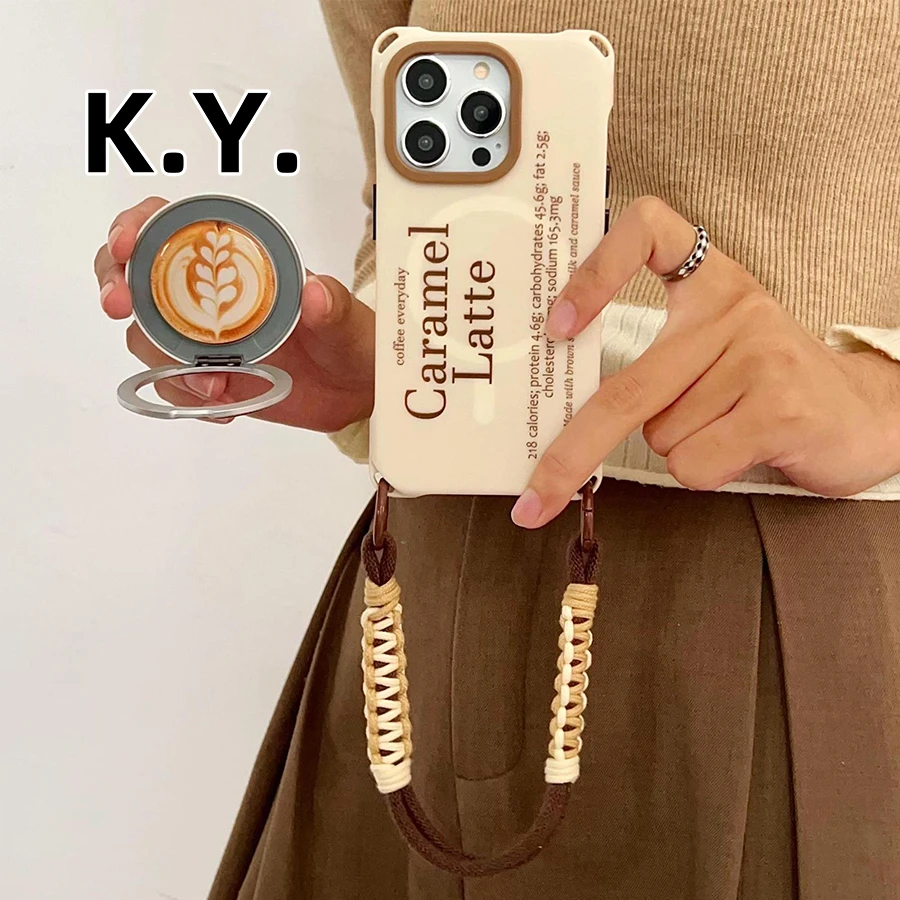 拉花咖啡磁吸旋转支架手机壳带挂绳适用苹果VIVO华为斜挎手提背带