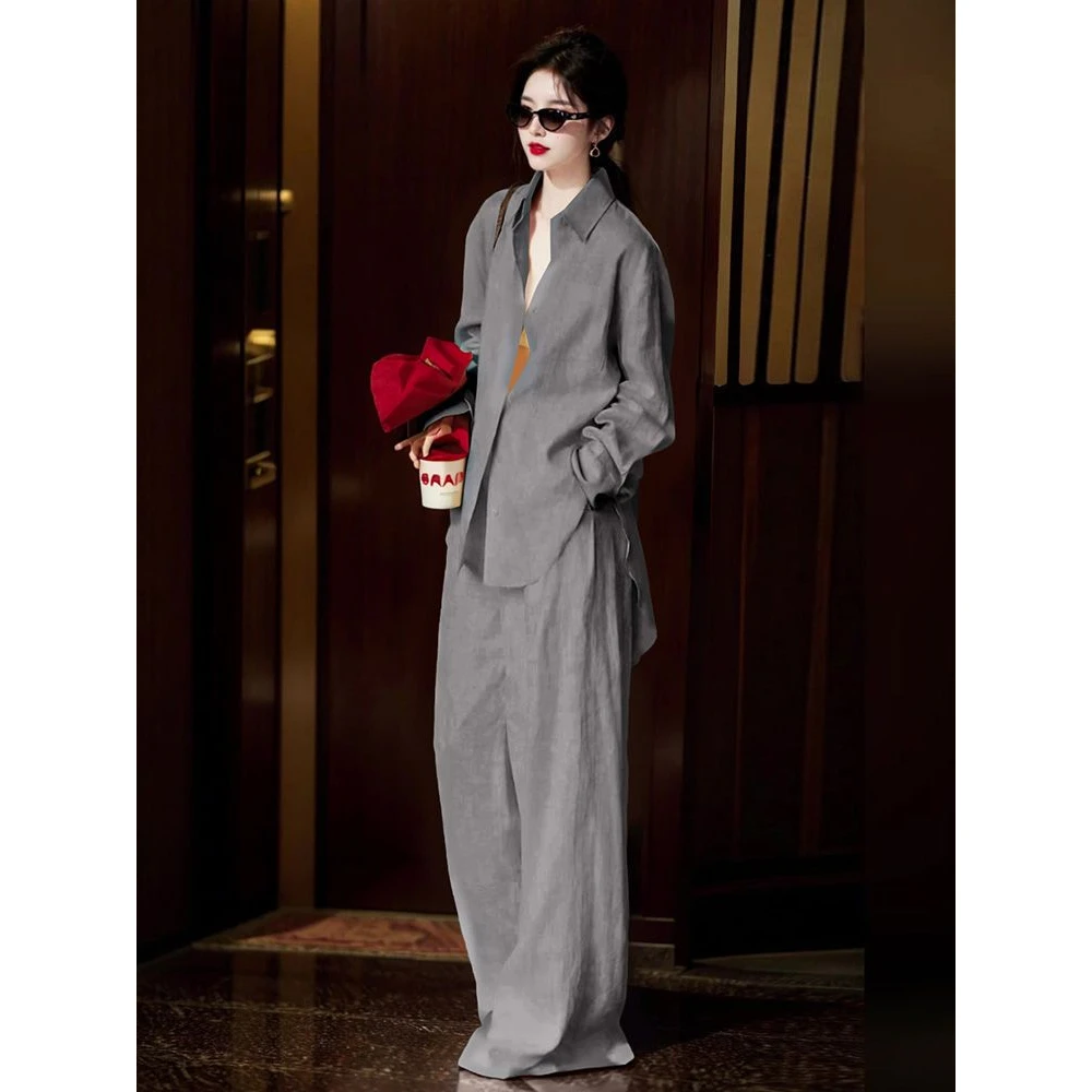 2025年夏季老钱风松驰感宽松显瘦灰色长袖亚麻衬衫长裤两件套装女