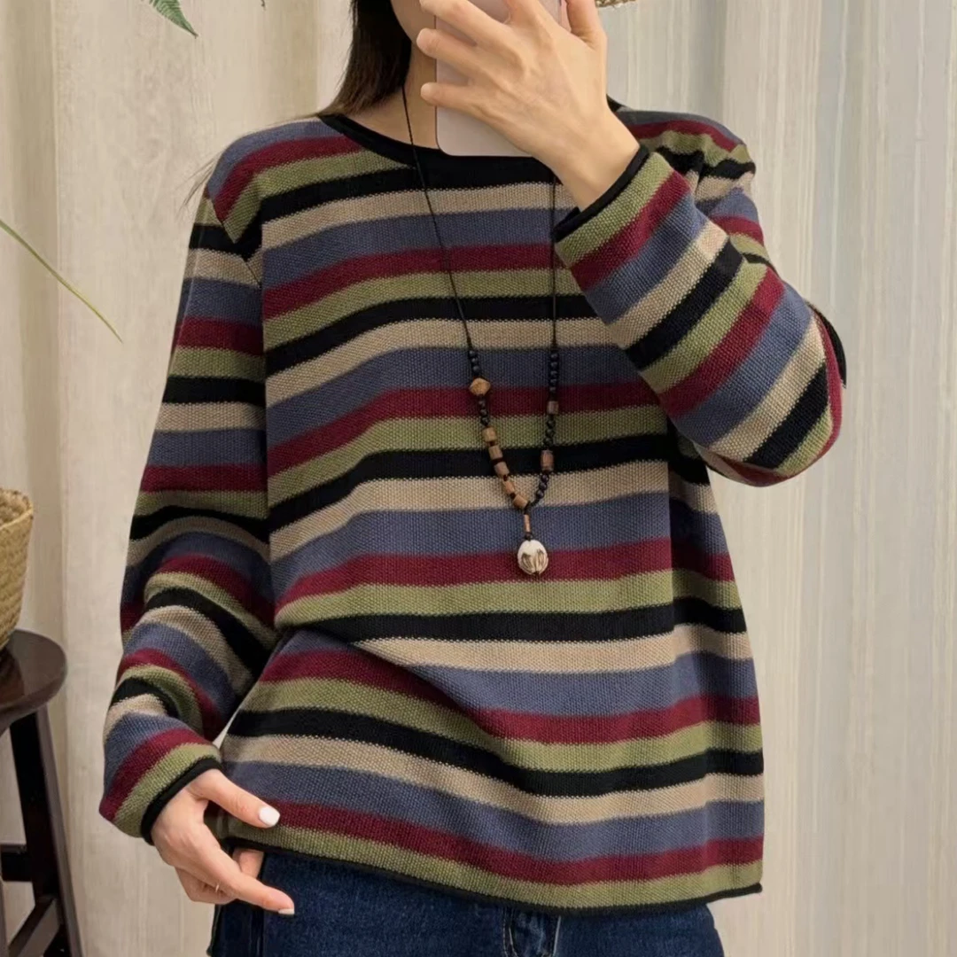 早秋上新2025新款时尚宽松撞色夏季条纹长袖减龄女装针织衫