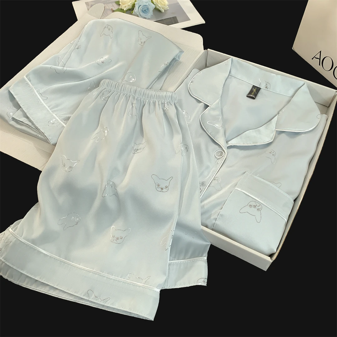 夏季薄款短袖睡衣家居服三件套装少女新款家居服可爱夏天冰蓝色系