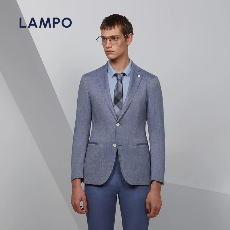 LAMPO/蓝豹【毛麻混纺】春夏季男商务休闲浅蓝西装修身外套西服日常