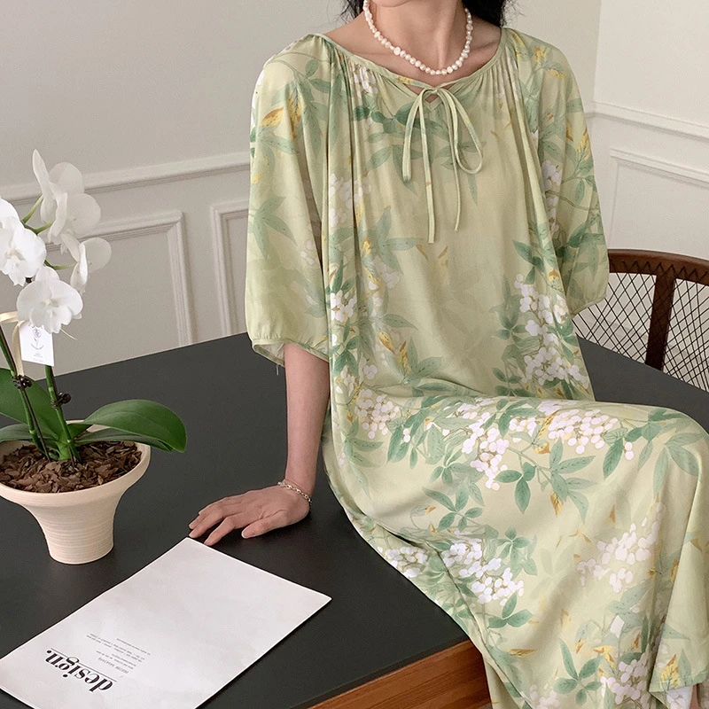 国风睡裙女夏季连衣裙宽松大码棉绸裙薄