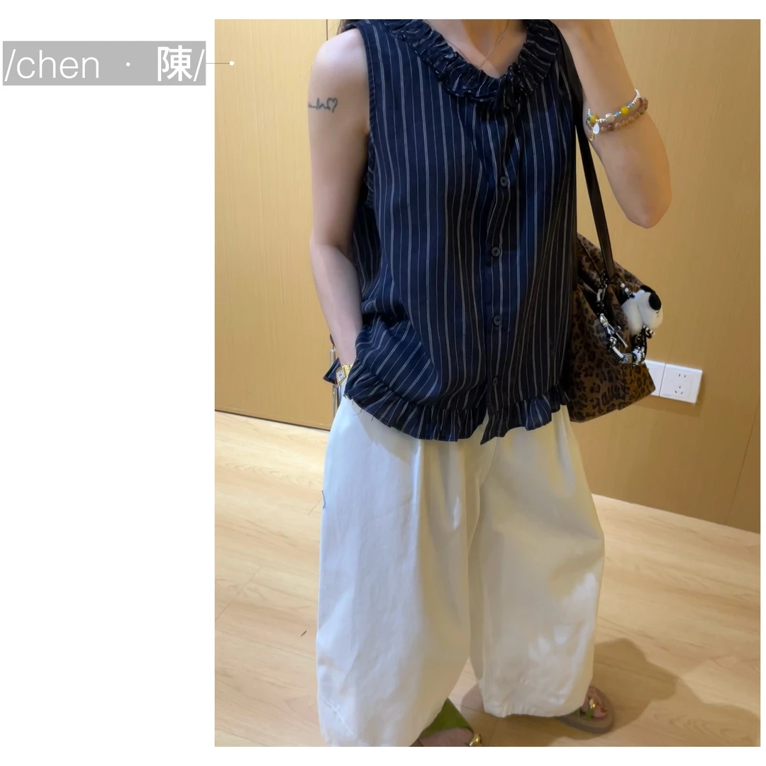 chen·陳小韩系~【木耳边纽扣】竖条纹无袖上衣
