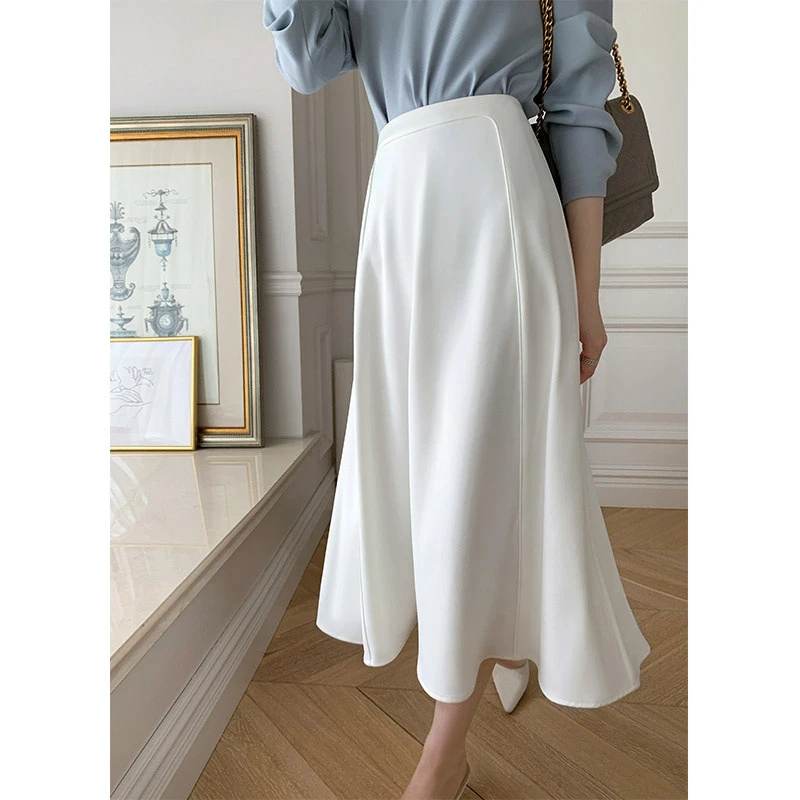 气质知性优雅轻熟风拼接白色高腰遮胯大摆裙0894