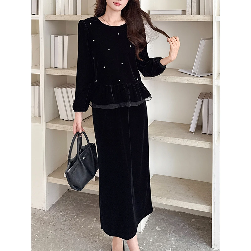 9606#法式优雅显瘦小衫新款重工钉珠荷叶下摆轻奢高级感丝绒上衣