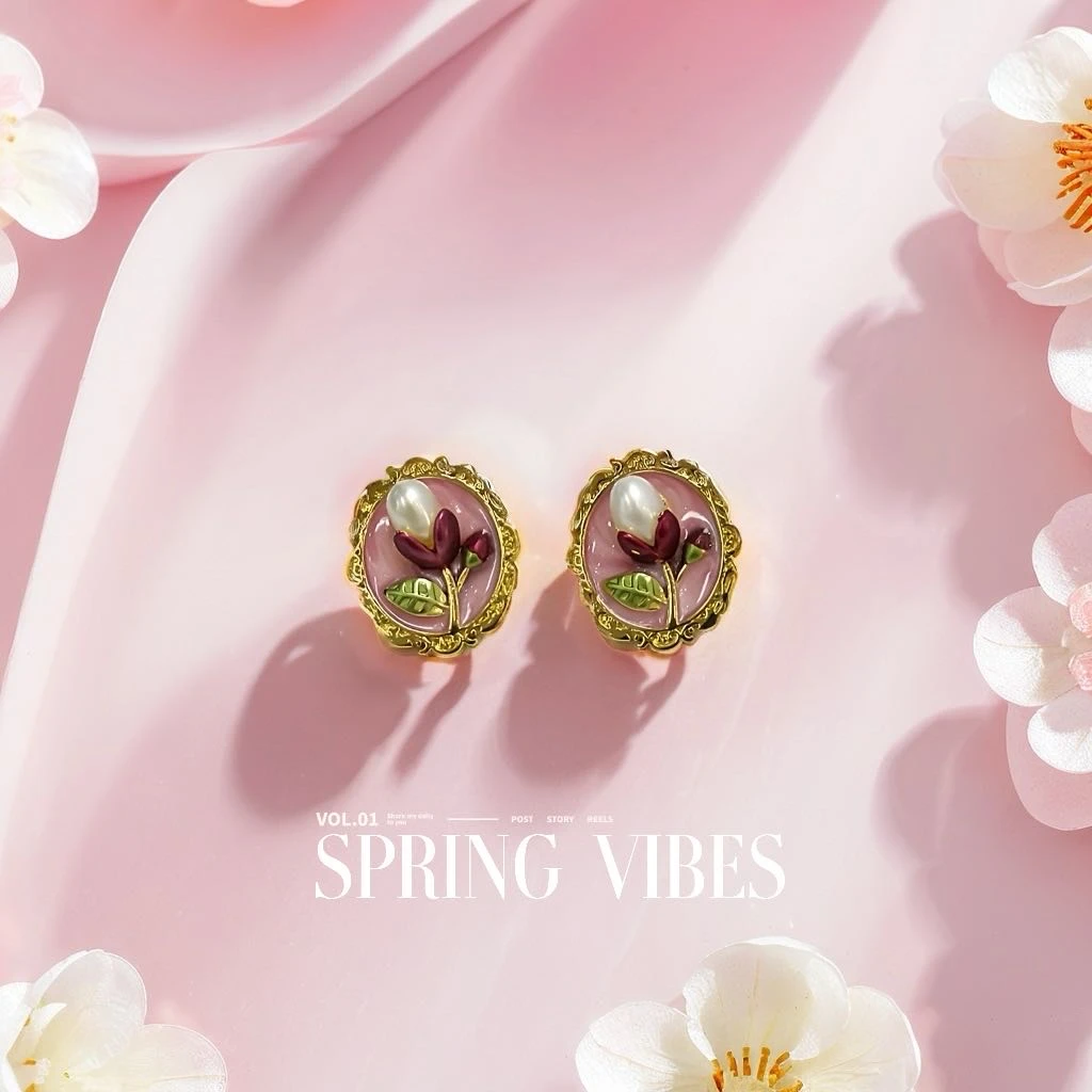 铜合金仿珍珠耳饰 耳饰- DSN设计师款油画花朵耳环（1068）