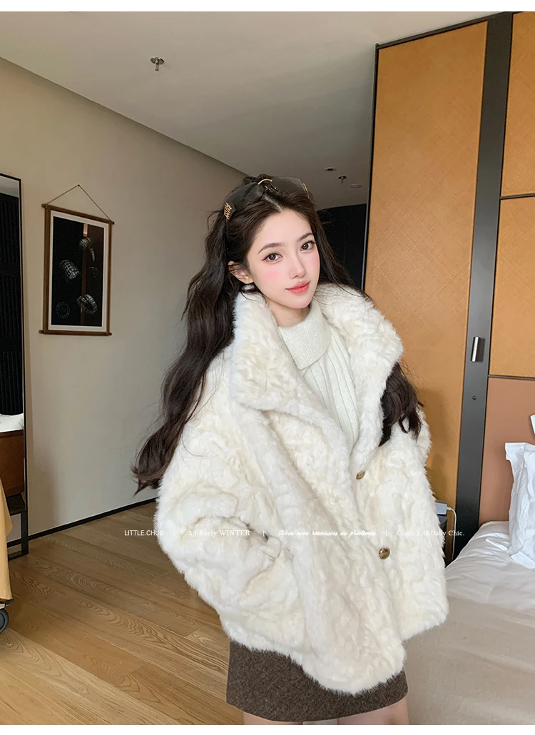 人造皮草 女宽松型短款翻领秋季立领短外套百搭网红大衣秋冬