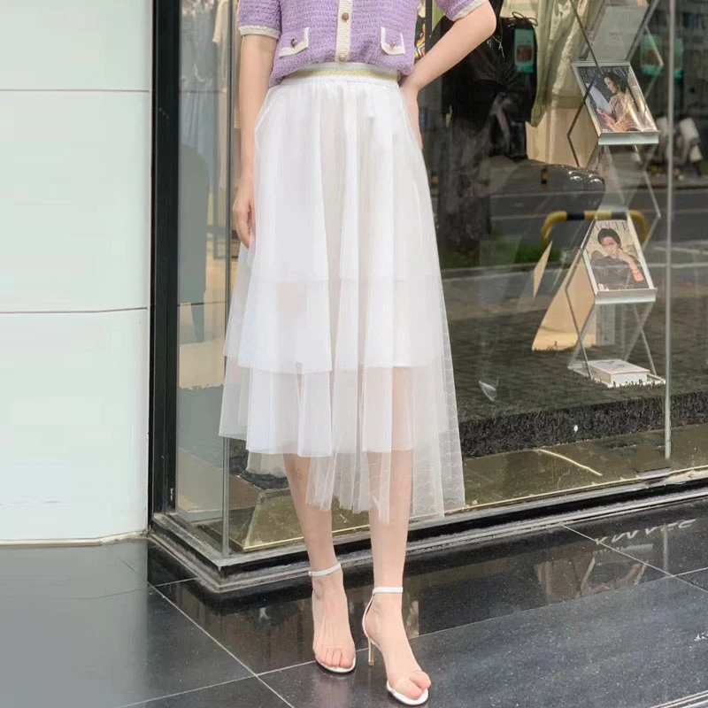 【GIRID AMSS】夏季时尚气质高腰蕾丝网纱中长款A字半身裙女