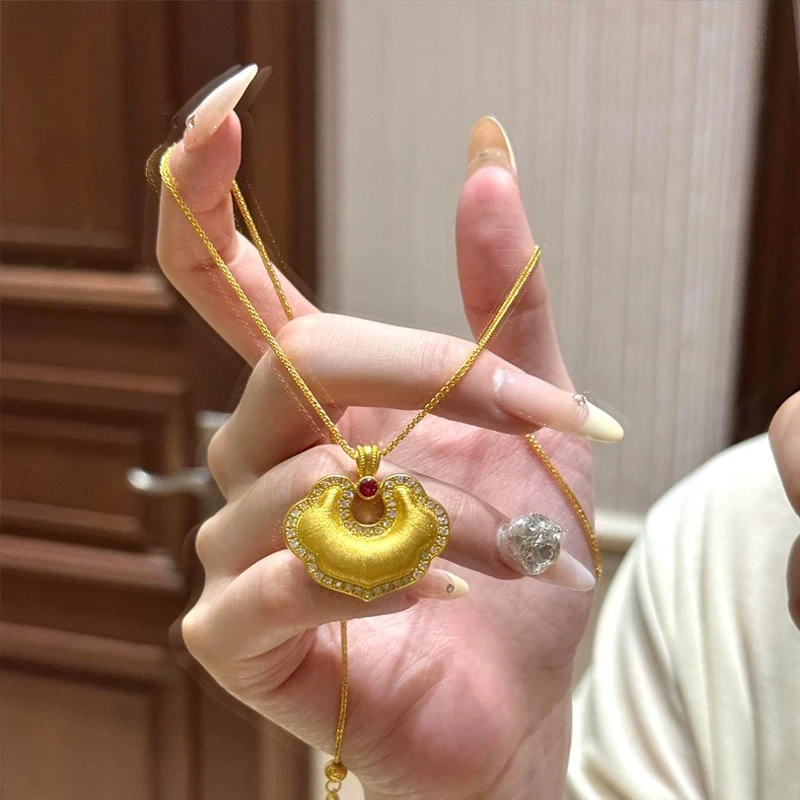 坠链均足银 足银项链【新中式玫红拉丝祥云如意锁项链9005】