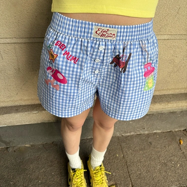 多巴胺格子短裤女夏季新款创意印花休闲裤情侣卫裤宽松阔腿沙滩裤