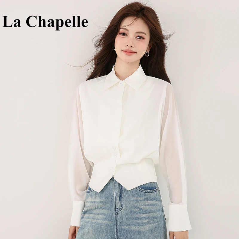 拉夏贝尔气质百搭拼接蝙蝠袖衬衫女2025秋季新款翻领收腰显瘦上衣