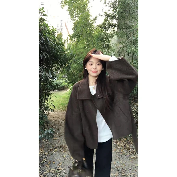 立领短款毛呢外套女小个子2025秋冬新款美拉德韩系大衣裤子套装女