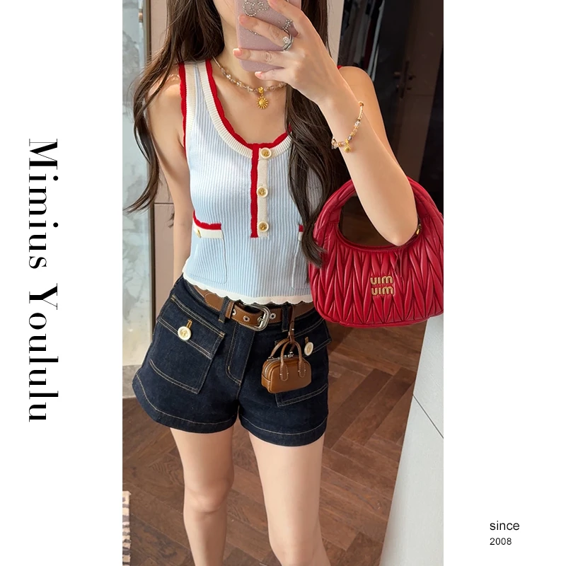 【mimius】L 甜美清新简约撞色花边拼接针织背心 WG04044