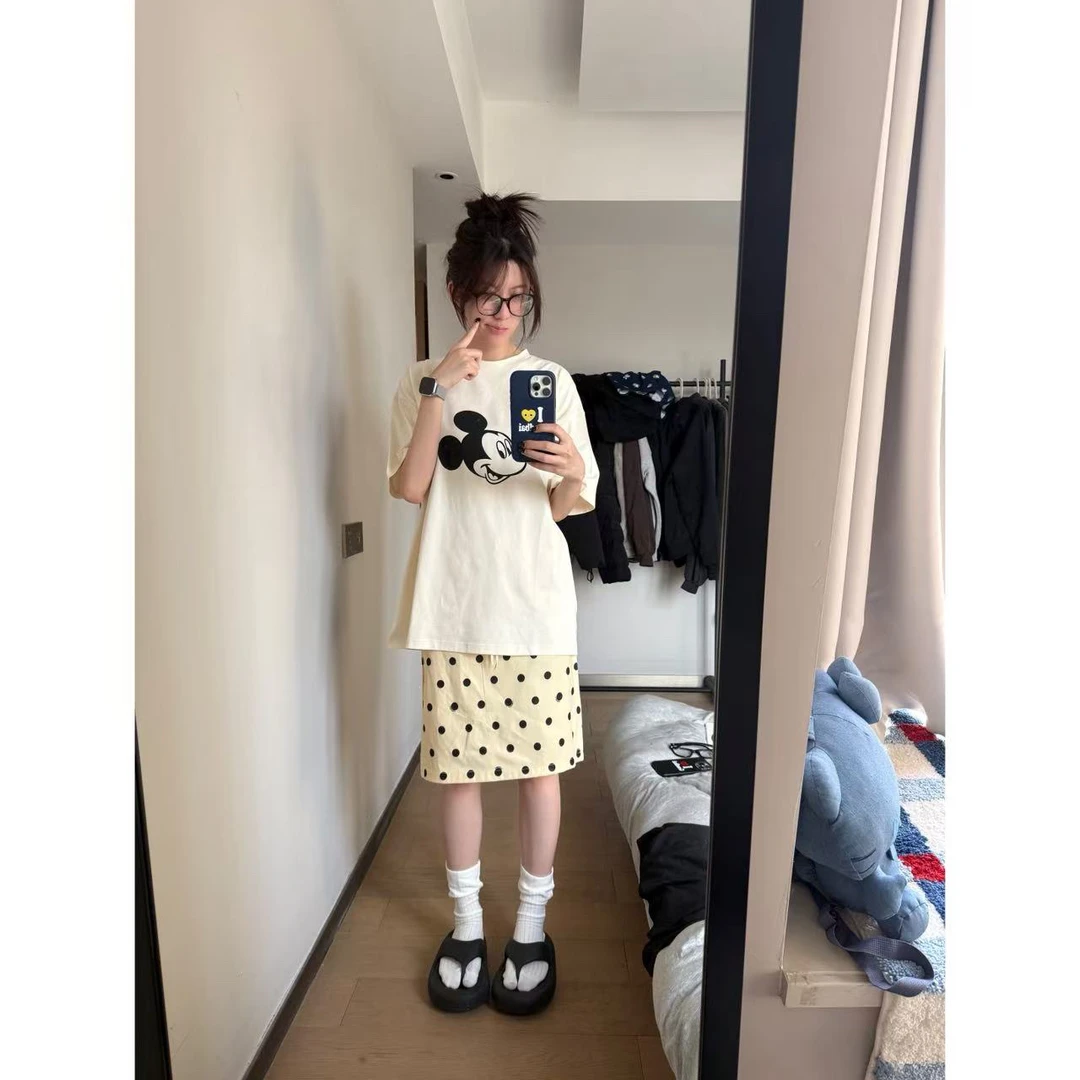 【清仓款】夏季黄色波点裙休闲显瘦抽绳松紧腰直筒中长半身裙123