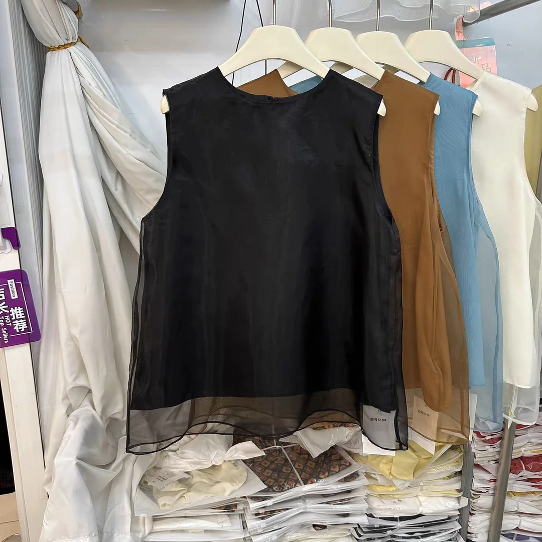 Y-J臻选·韩系气质网纱拼接圆领无袖百搭上衣99086款