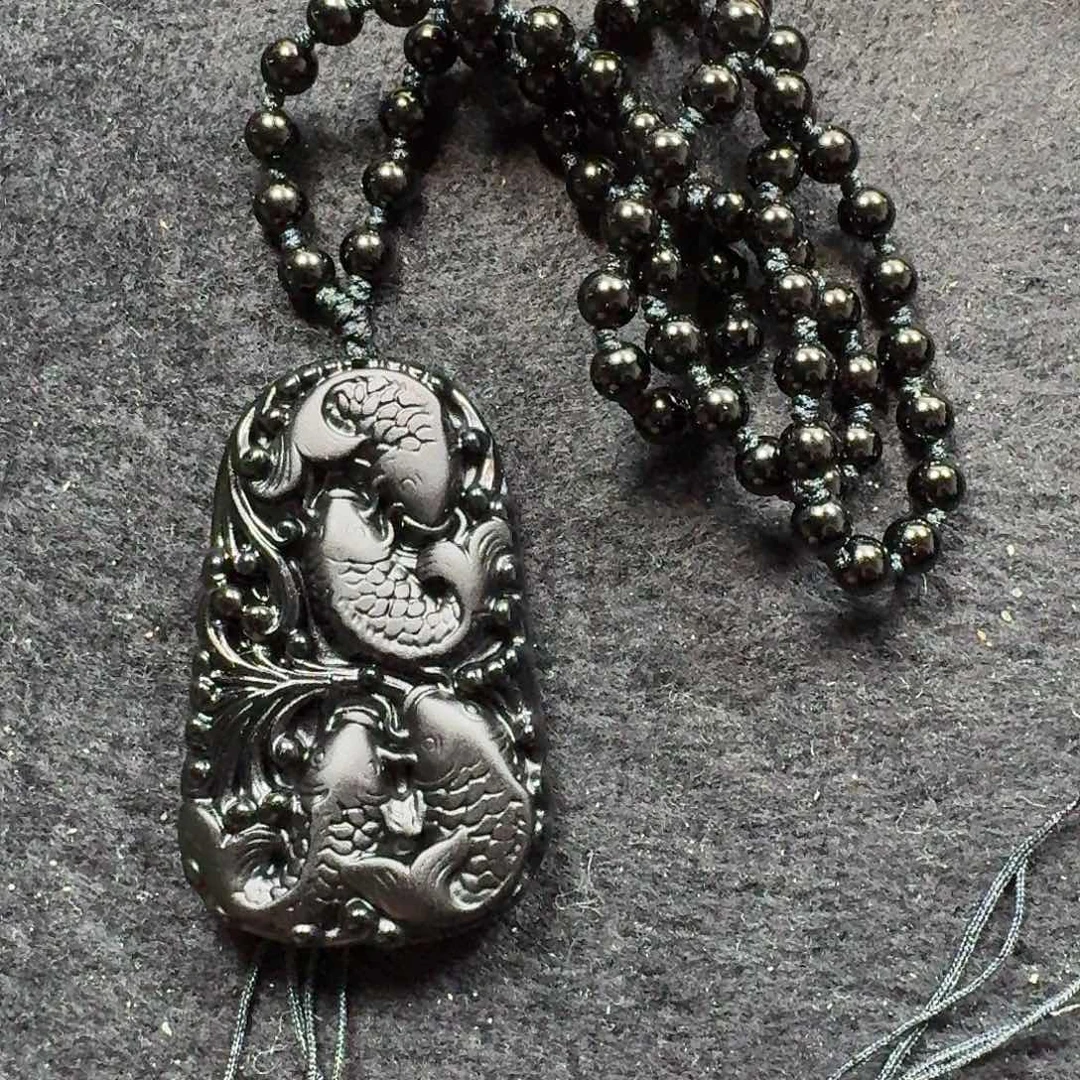 黑曜岩未镶嵌颈饰黑曜石四条鱼吊坠加纯天然不可调节珠链